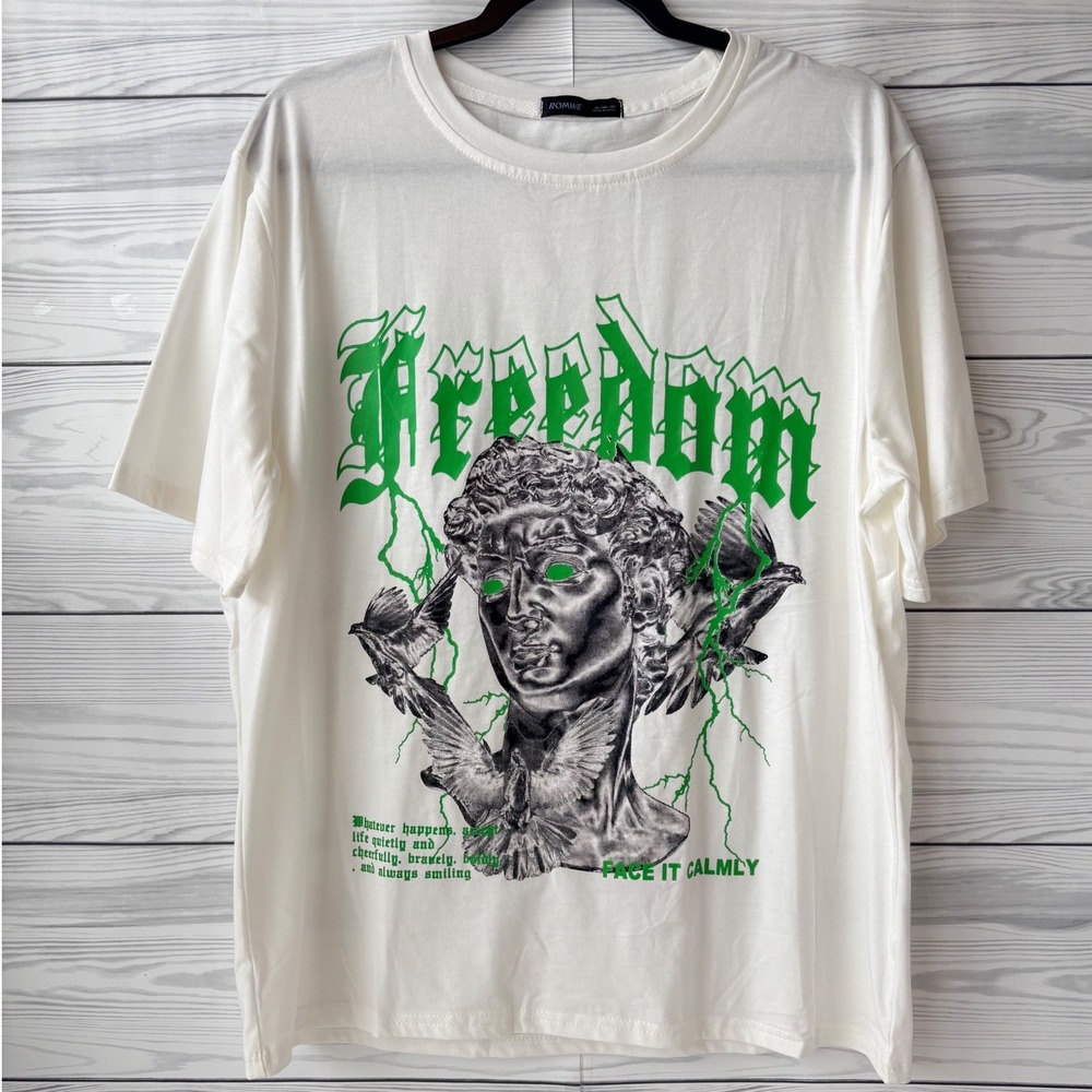 ROMWE Mens Freedom Graphic T-Shirt Off White and Green Statue Print Size Medium